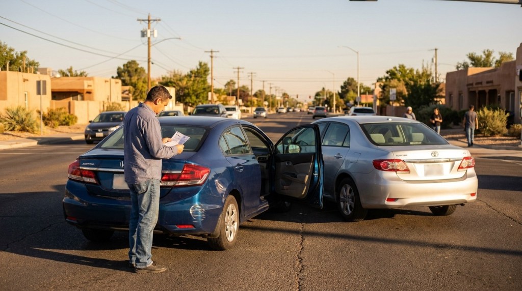 man reviewing document beside two vehicles involved in intersection collision