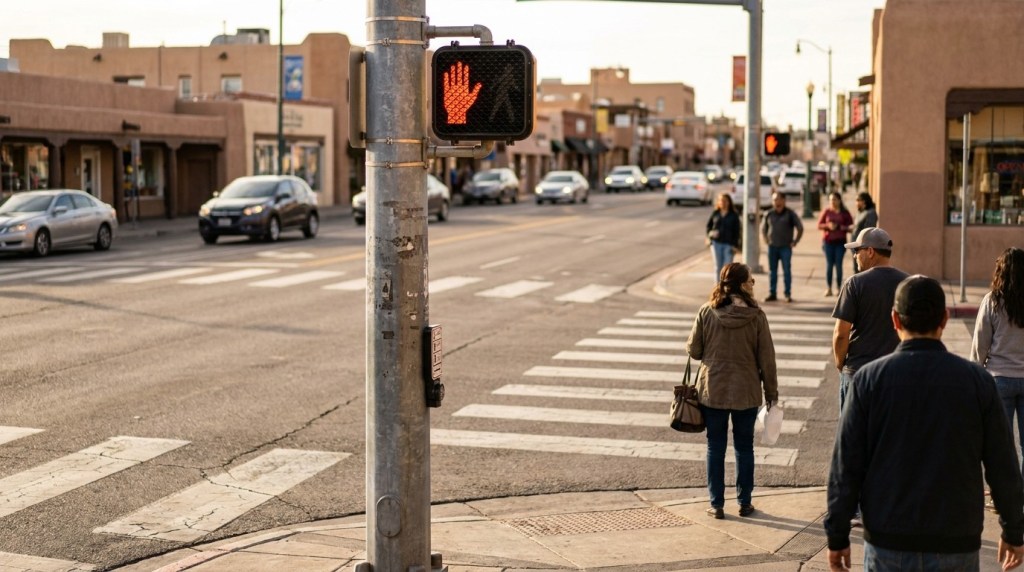 illuminated stop hand pedestrian signal at busy urban crosswalk with pedestrians