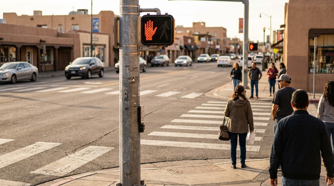 illuminated stop hand pedestrian signal at busy urban crosswalk with pedestrians
