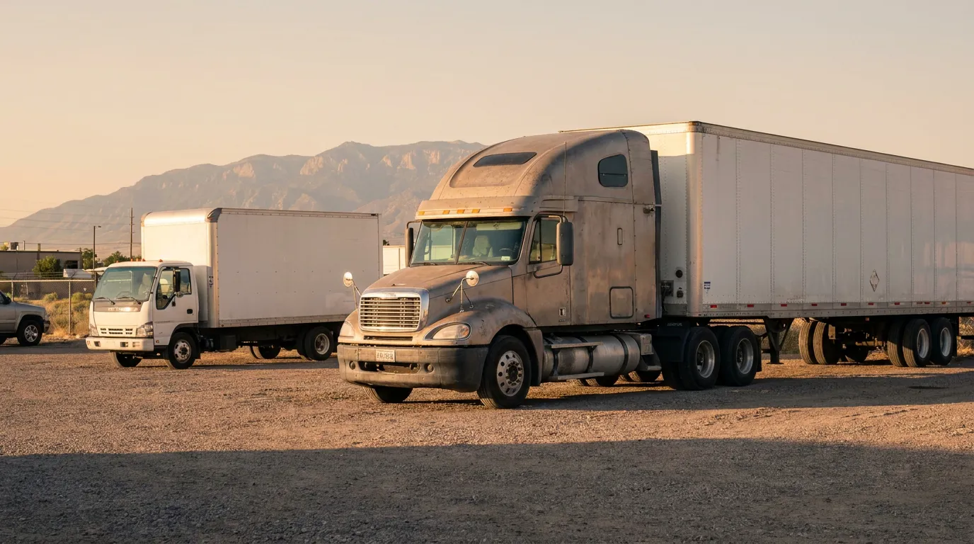 semi-truck with large trailer and box truck parked on gravel lot near mountains