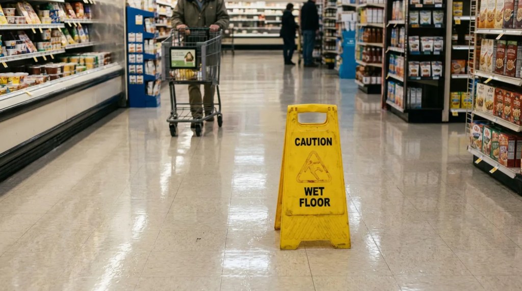 Caution Wet Floor sign in grocery store aisle with shopper pushing cart