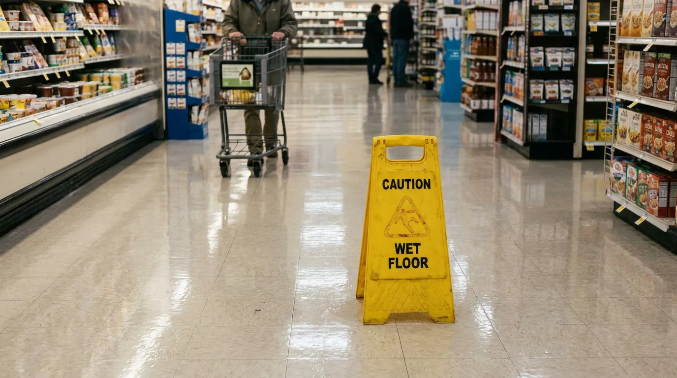 Caution Wet Floor sign in grocery store aisle with shopper pushing cart