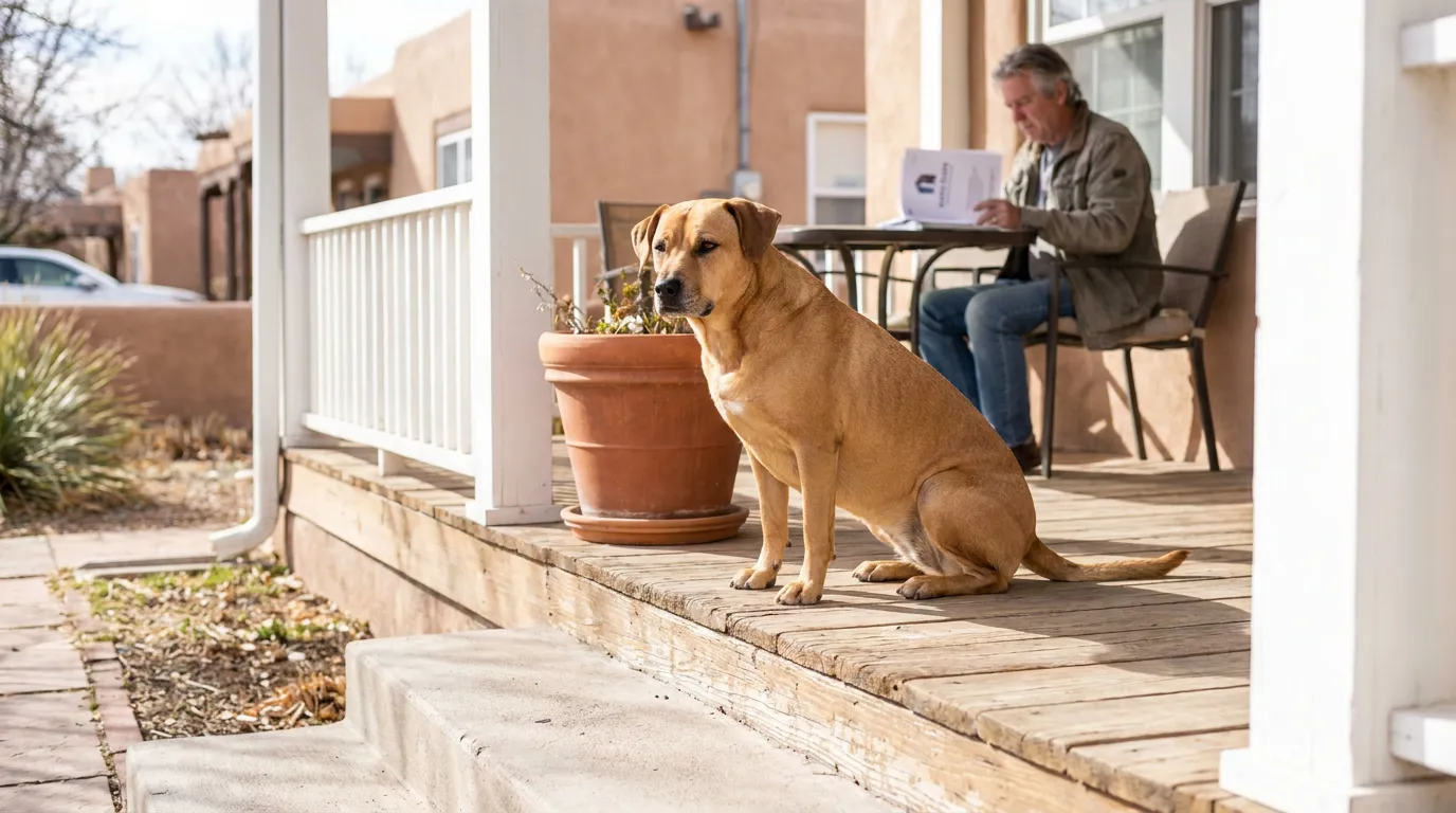 Labrador dog sitting on wooden porch while man reviews documents at outdoor table