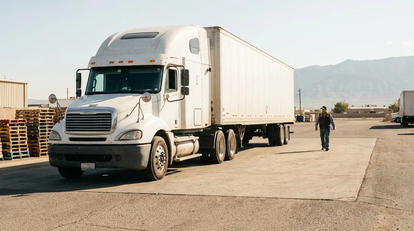 commercial semi-truck with trailer parked at loading dock while worker walks nearby