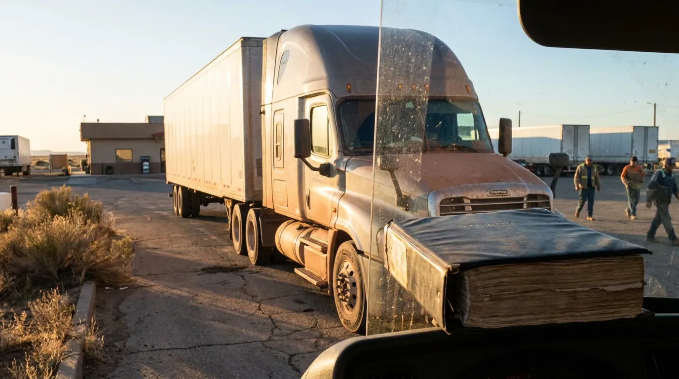 large semi-truck with trailer parked at commercial truck stop with workers nearby