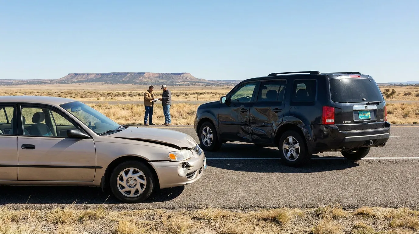 two drivers exchanging documents beside visibly damaged vehicles after roadside collision