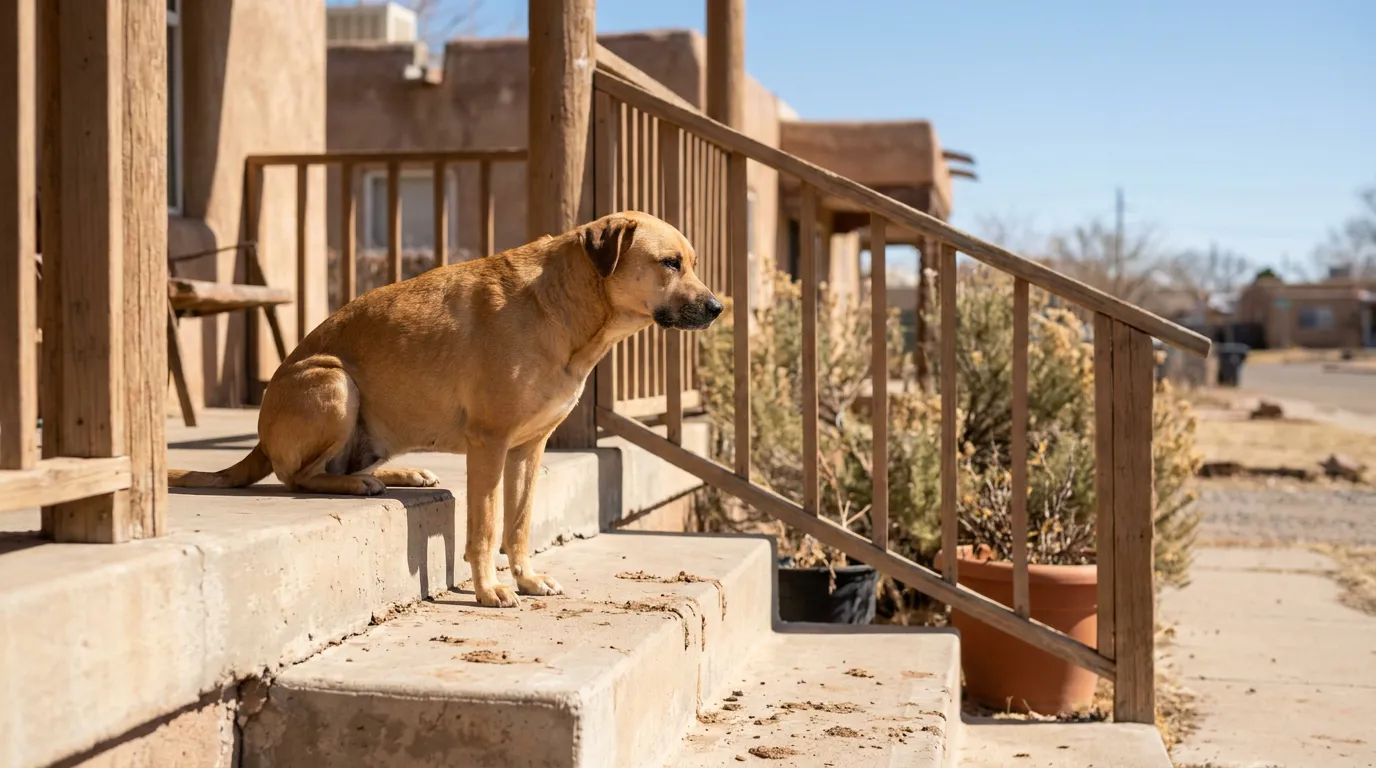 dog sitting alert on concrete front steps of adobe style property