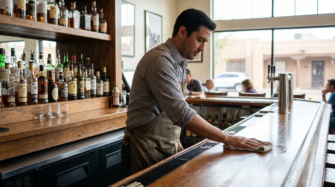 bartender in apron wiping down wooden bar counter with liquor bottles behind