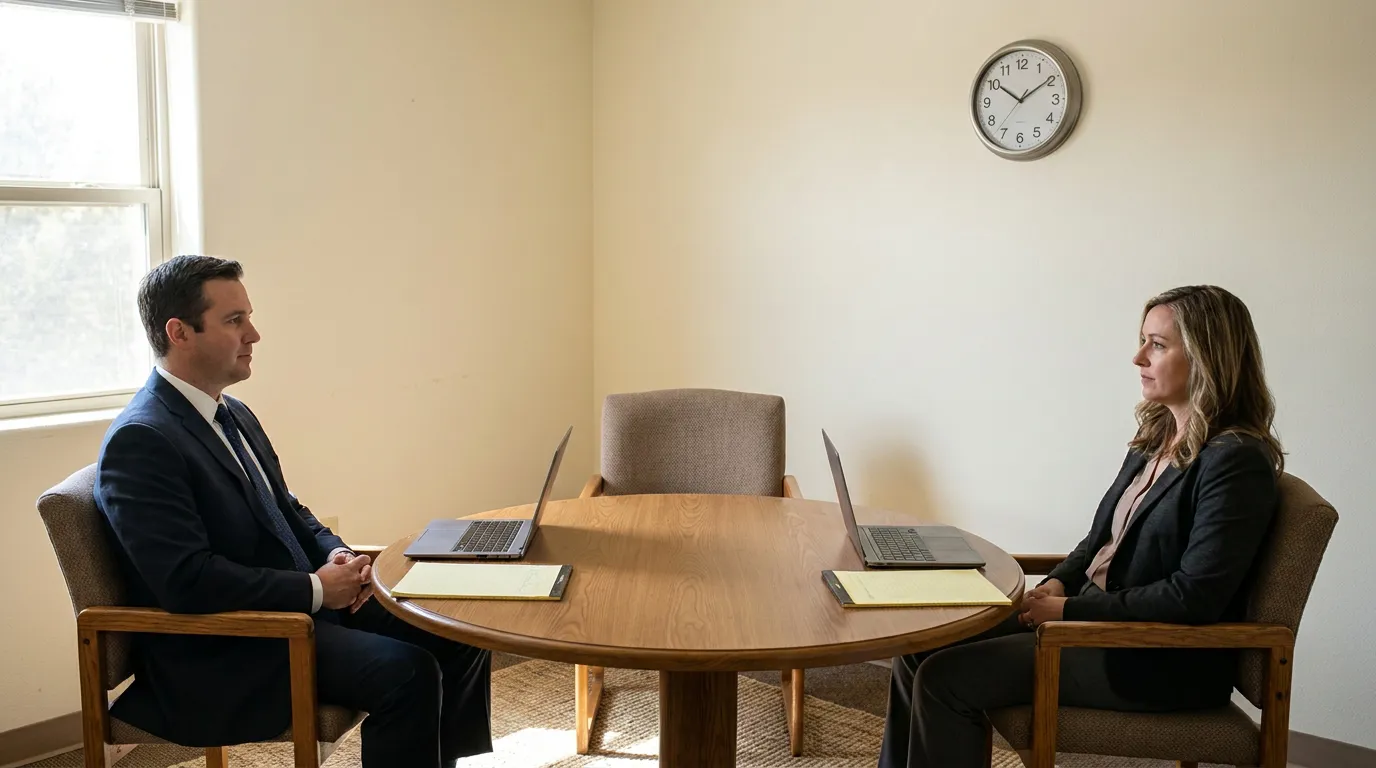 two attorneys seated across round conference table with laptops and legal notepads